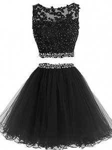 Admirable Black Two Pieces Tulle Scoop Sleeveless Beading and Lace and Appliques Mini Length Zipper Prom Evening Gown