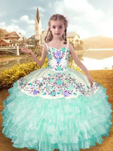 Apple Green Ball Gowns Embroidery and Ruffled Layers Girls Pageant Dresses Lace Up Organza and Taffeta Sleeveless Floor 