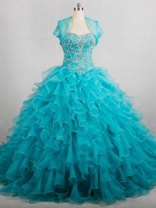 Custom Designed Organza Sweetheart Sleeveless Brush Train Lace Up Beading and Ruffles Quinceanera Gowns in Aqua Blue