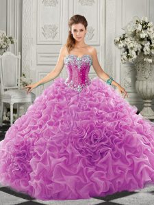 New Style Lilac Organza Lace Up Quinceanera Gown Sleeveless Court Train Beading and Ruffles