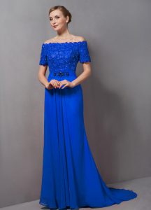 Customized Blue Empire Off The Shoulder Short Sleeves Chiffon Sweep Train Zipper Lace Mother Of The Bride Dress