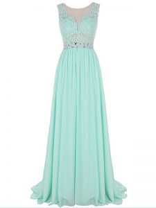 Luxury Sleeveless Brush Train Backless Beading and Lace and Appliques Evening Gowns