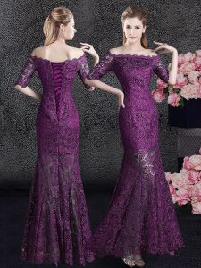 Mermaid Purple Off The Shoulder Lace Up Lace Mother Of The Bride Dress Half Sleeves