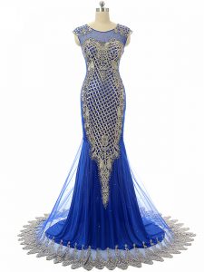 Sleeveless Beading and Lace and Appliques Side Zipper Evening Outfits with Royal Blue