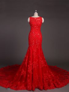 Red Lace Backless Scoop Sleeveless Formal Dresses Court Train Beading and Lace and Appliques