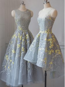 Ideal Scoop Sleeveless Quinceanera Court Dresses Tea Length Lace Grey Tulle