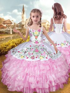 Rose Pink Pageant Gowns For Girls Wedding Party with Embroidery and Ruffled Layers Straps Sleeveless Lace Up