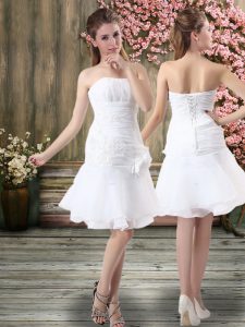 White Sleeveless Knee Length Hand Made Flower Lace Up Wedding Gown
