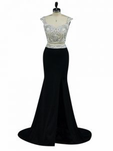 Romantic Black Chiffon Zipper Prom Dress Cap Sleeves Beading
