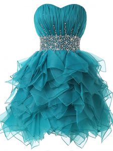 Low Price Sleeveless Organza Lace Up Prom Gown in Teal with Beading and Ruffles and Ruching