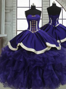 Floor Length Purple Quince Ball Gowns Organza Sleeveless Ruffles