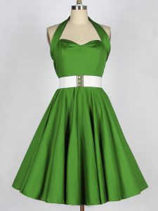 Green Taffeta Lace Up Bridesmaid Dress Sleeveless Knee Length Belt