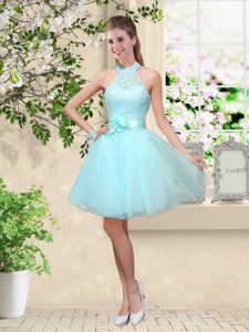 Cheap Aqua Blue Tulle Lace Up Bridesmaids Dress Sleeveless Knee Length Lace and Belt
