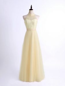 Light Yellow Tulle Lace Up Halter Top Sleeveless Floor Length Quinceanera Court Dresses Lace and Appliques