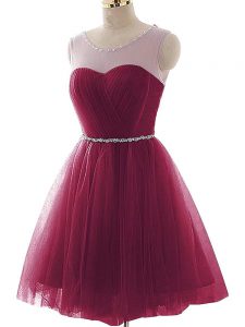 Burgundy A-line Tulle Scoop Sleeveless Beading and Ruffles Mini Length Lace Up Cocktail Dresses