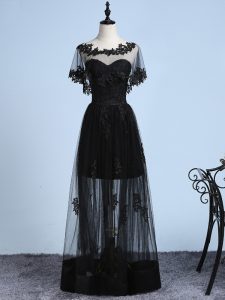 Black A-line Tulle Scoop Short Sleeves Embroidery Floor Length Backless