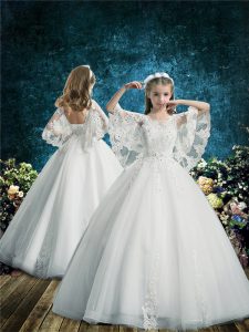 White Ball Gowns Scoop Half Sleeves Tulle Floor Length Lace Up Lace Toddler Flower Girl Dress
