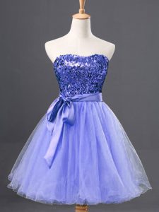 Suitable Blue A-line Tulle Sweetheart Sleeveless Sequins Mini Length Zipper Evening Dress