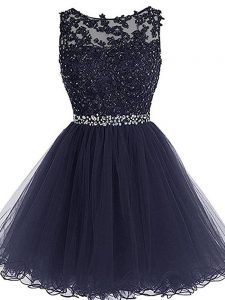 Beauteous Navy Blue Zipper Scoop Beading and Lace and Appliques and Ruffles Military Ball Dresses Tulle Sleeveless