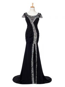Elastic Woven Satin Cap Sleeves Formal Evening Gowns Brush Train and Beading and Ruching