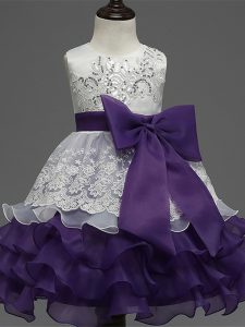 Sexy White And Purple Ball Gowns Lace and Ruffled Layers and Bowknot Flower Girl Dresses for Less Zipper Organza Sleevel