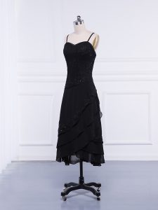 Romantic Black Zipper Mother Of The Bride Dress Lace and Appliques Sleeveless Tea Length