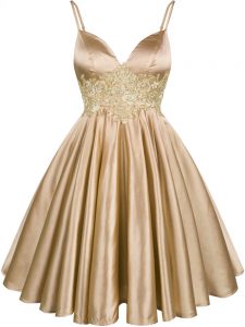 Champagne Elastic Woven Satin Lace Up Wedding Party Dress Sleeveless Knee Length Lace