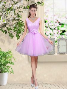 Knee Length Lace Up Wedding Party Dress Lilac for Prom and Party with Lace and Belt