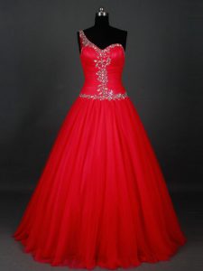 Free and Easy One Shoulder Sleeveless Zipper Evening Dress Red Tulle
