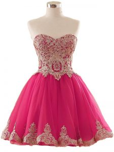 Luxurious Hot Pink Prom Evening Gown Prom and Party and Sweet 16 with Appliques Sweetheart Sleeveless Lace Up