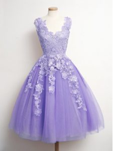 Knee Length Lavender Bridesmaid Gown Tulle Sleeveless Appliques