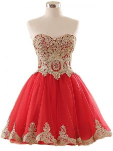 Designer Sleeveless Tulle Mini Length Lace Up Prom Gown in Red with Appliques