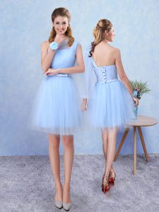 Tulle Asymmetric Sleeveless Lace Up Belt Wedding Guest Dresses in Aqua Blue