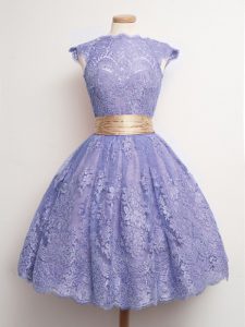 Captivating Ball Gowns Bridesmaid Gown Lavender High-neck Lace Cap Sleeves Knee Length Lace Up