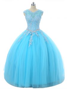 Traditional Floor Length Lace Up Sweet 16 Dresses Aqua Blue for Sweet 16 and Quinceanera with Appliques