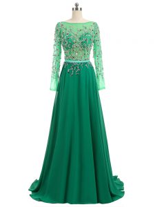 Green Bateau Neckline Beading Prom Party Dress Long Sleeves Backless