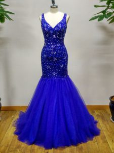 Sweet Brush Train Mermaid Prom Evening Gown Royal Blue Straps Tulle Sleeveless Criss Cross
