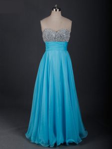 New Style Baby Blue Empire Beading Dress for Prom Lace Up Chiffon Sleeveless Floor Length
