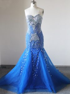 Unique Sleeveless Tulle Brush Train Zipper Evening Wear in Royal Blue with Beading