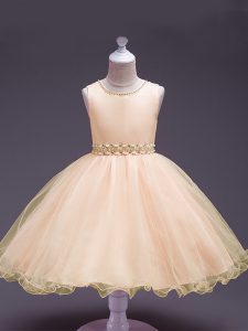 Latest Peach Ball Gowns Organza Scoop Sleeveless Beading Knee Length Zipper Toddler Flower Girl Dress