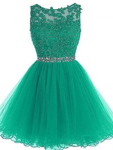 Fitting Tulle Sleeveless Mini Length Prom Evening Gown and Beading and Lace and Appliques and Belt