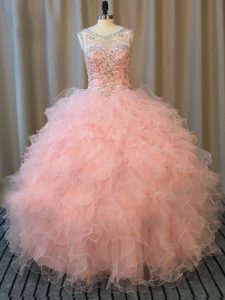 Fine Scoop Sleeveless Lace Up Quinceanera Dresses Pink Tulle