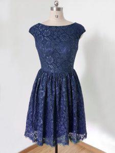Royal Blue Empire Scoop Cap Sleeves Lace Knee Length Lace Up Lace Wedding Guest Dresses