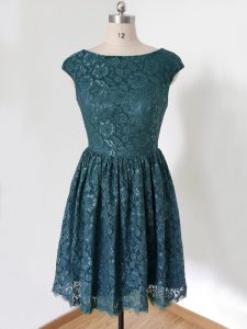 Dramatic Knee Length Teal Bridesmaids Dress Lace Cap Sleeves Lace
