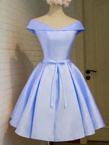 Classical Lavender A-line Belt Bridesmaid Dress Lace Up Taffeta Cap Sleeves Knee Length