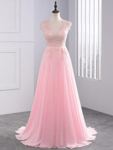 Baby Pink Sleeveless Chiffon Brush Train Side Zipper Prom Party Dress for Prom and Party and Beach