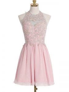 Sweet Appliques Bridesmaid Gown Pink Lace Up Sleeveless Knee Length
