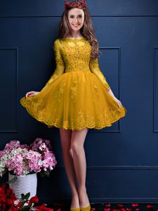 Graceful Mini Length Gold Bridesmaid Gown Scalloped 3 4 Length Sleeve Lace Up