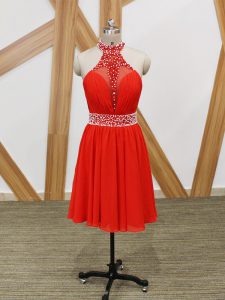 On Sale Coral Red Empire Chiffon Halter Top Sleeveless Beading and Ruching Zipper Homecoming Dress