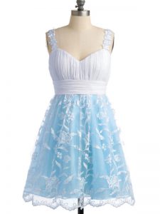 Fashion Empire Wedding Party Dress Light Blue Straps Lace Sleeveless Knee Length Lace Up